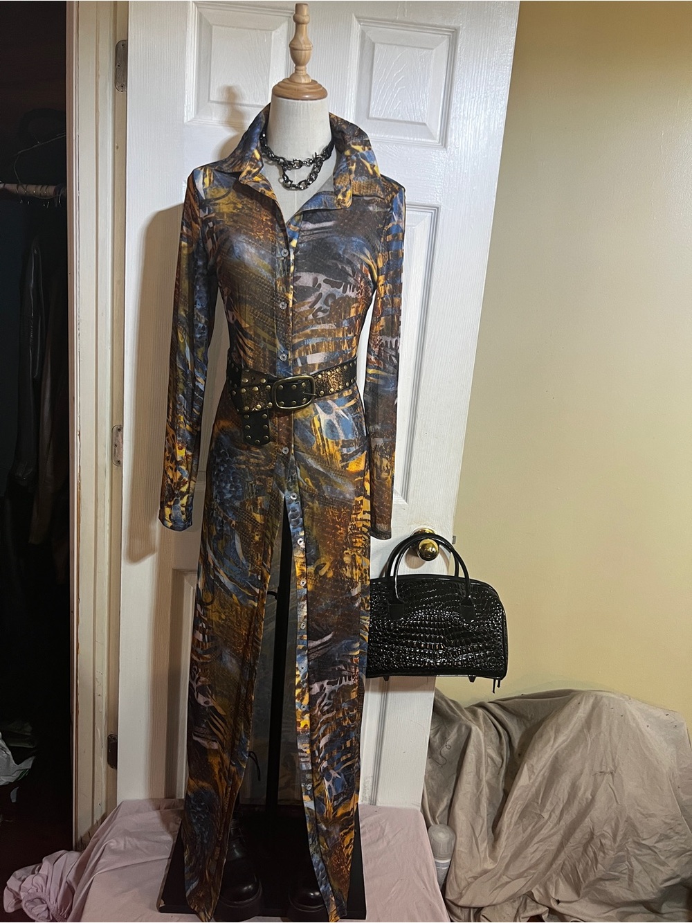 New Wms Mesh Sheer Stretch Mixed Media Print Graphic BodyCon Maxi Shirt Dress L